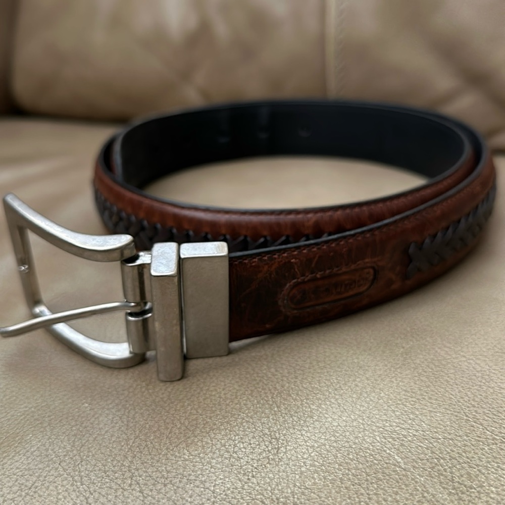 Columbia Men’s Two Tone Brown Black Leather Braided Belt 36 silver tone buckle